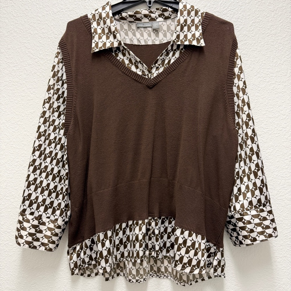 70’s Retro Vintage Brown V-Neck Sweater Vest w/ Button-Down Shirt Blouse 2X
